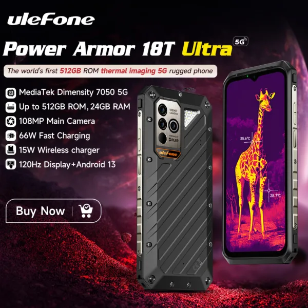 Ulefone Power Armor 18T Ultra 5G Rugged Phones, Thermal Image Camera, 24GB(12+12)+512GB MTK Dimensity 7050, 108MP Camera, 9600mAh, Android 13, uSmart Connector, Wireless Charge Unlocked Phone - Image 3