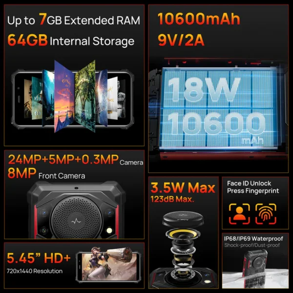 FOSSiBOT F101 123dB Speaker 10600mAh Large battery 4GB+64GB Android 12 Rugged Phone - Image 2
