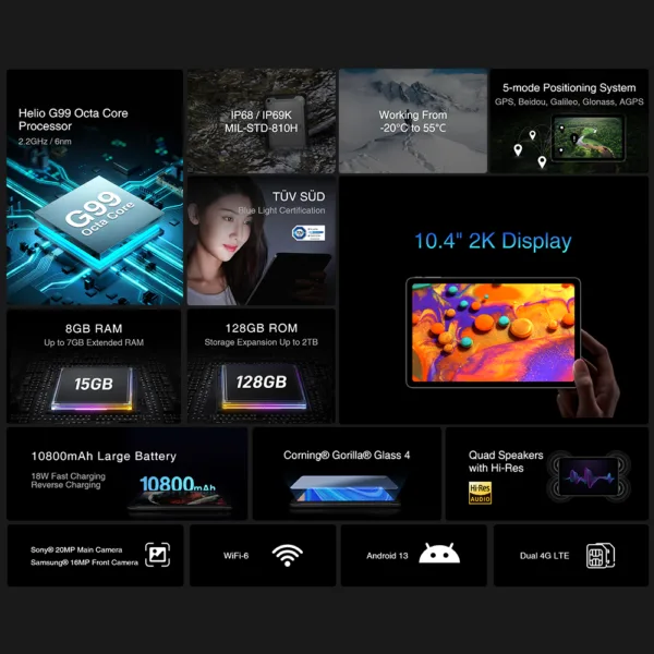 DOOGEE R10 Rugged Tablet 10.4" 2K Display Helio G99 Octa Core Processor 15GB RAM + 128GB ROM 10800mAh Battery - Image 5