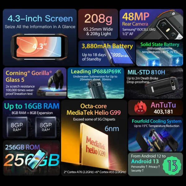 Blackview N6000 Rugged Smartphone, Android 13 G99 Mobile Phone, 16GB 256GB 4.3''Display, 48MP Cameras Cellphones - Image 2