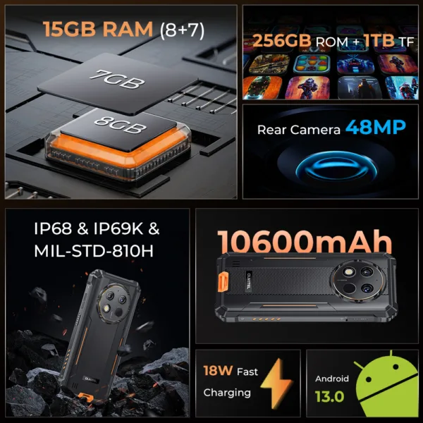 Oukitel WP28 Rugged Phone 6.52‘' HD+ 10600mAh 8GB+256GB Android13 48MP Camera - Image 3