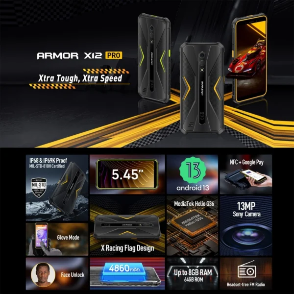 Ulefone Armor X12 Pro IP68/IP69K Rugged Phone 4GB+64GB 5.45 inch Android 13 4860mAh Helio G36 Octa Core 4G NFC Smartphone - Image 3